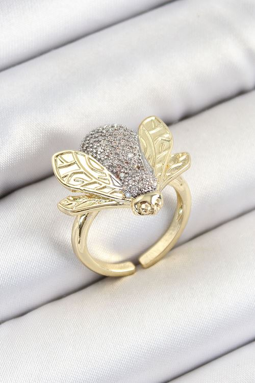 Pirinç Zirkon Taşlı Arı Model Gümüş Ve Gold Renk Kadın Yüzük