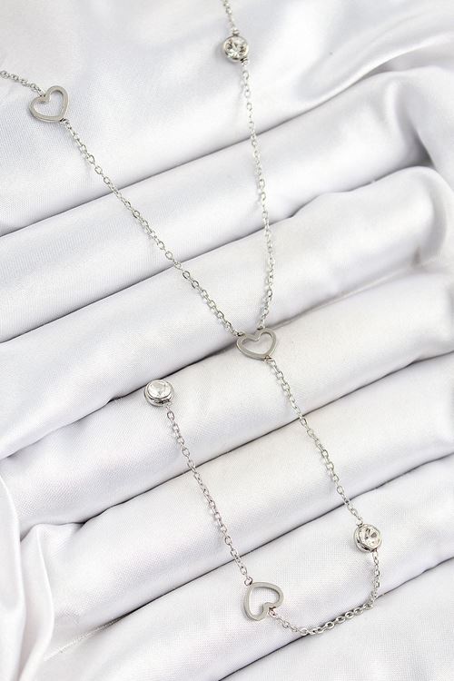 316L Çelik Zirkon Taşlı Kalp Figürlü Y Model Gümüş Renk Kadın Kolye