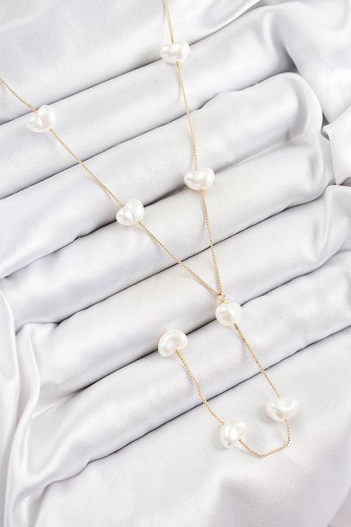 Pirinç İncili Kalp Figürlü Y Model Gold Renk Kadın Kolye