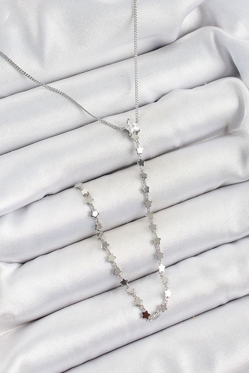 Pirinç Zirkon Taşlı Yıldız Figürlü Y Model Gümüş Renk Kadın Kolye