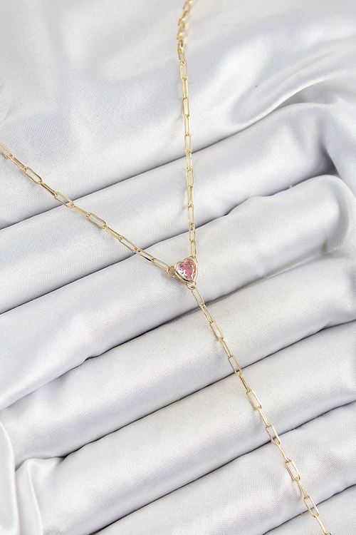 Pirinç Zirkon Taşlı Pembe Kalp Figürlü Y Model Gold Renk Kadın Kolye