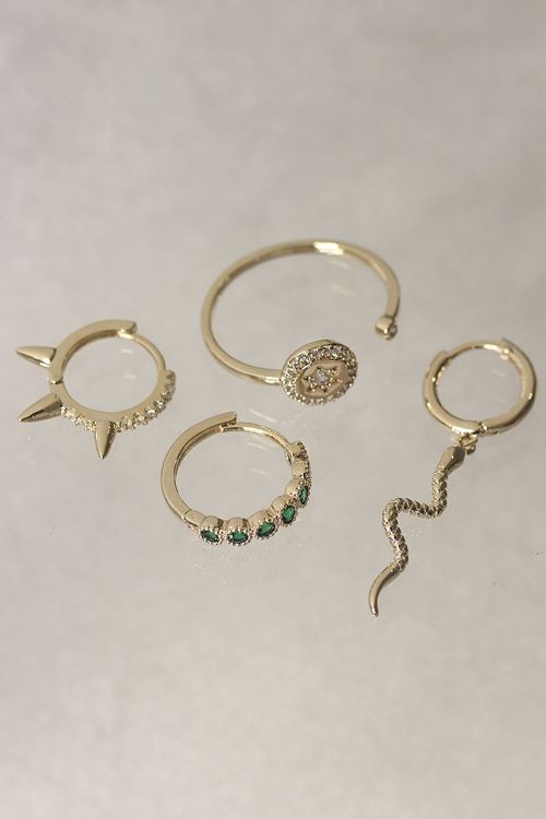 Yeşil Zirkon Taş Detaylı Yılan Model Küpe ve Yüzük Seti