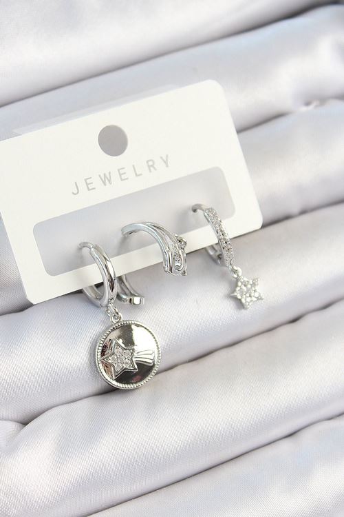 Pirinç Zirkon Taşlı Sallantılı Yıldız Model Gümüş Renk 3'lü Çift Kadın Küpe Set