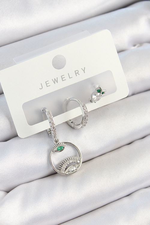 Pirinç Zirkon Taşlı Göz Ve Baykuş Model Gümüş Renk 3'lü Çift Kadın Küpe Set