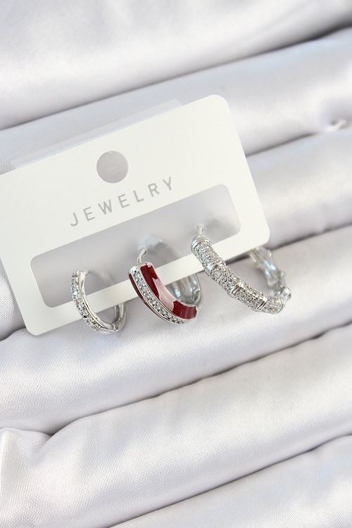 Pirinç Zirkon Taşlı Bordo Pembe Halka Model Gümüş Renk 3'lü Çift Kadın Küpe Set