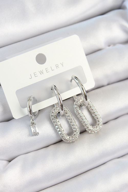 Pirinç Zirkon Taşlı Dikdörtgen Model Gümüş Renk 3'lü Çift Kadın Küpe Set