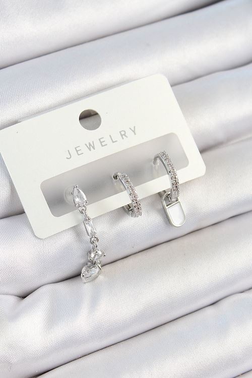 Pirinç Zirkon Taşlı Sallantılı Model Gümüş Renk 3'lü Çift Kadın Küpe Set