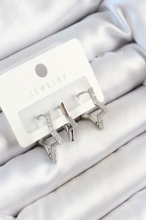 Pirinç Zirkon Taşlı Yıldız Model Gümüş Renk 3'lü Çift Kadın Küpe Set