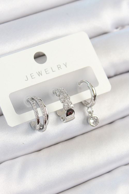 Pirinç Zirkon Taşlı Halka Model Gümüş Renk 3'lü Çift Kadın Küpe Set