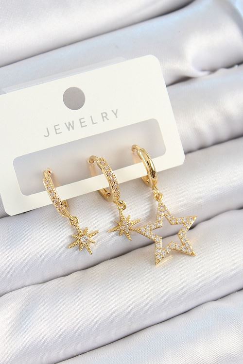 Pirinç Zirkon Taşlı Yıldız Model Gold Renk 3'lü Çift Kadın Küpe Set