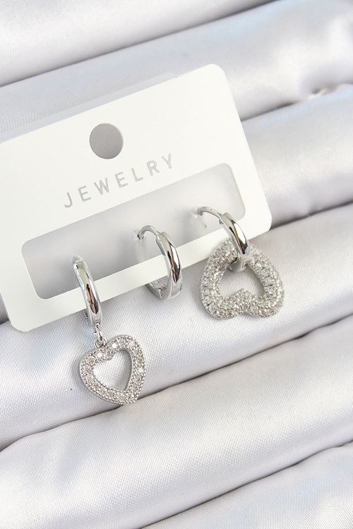 Pirinç Zirkon Taşlı Kalp Model Gümüş Renk 3'lü Çift Kadın Küpe Set