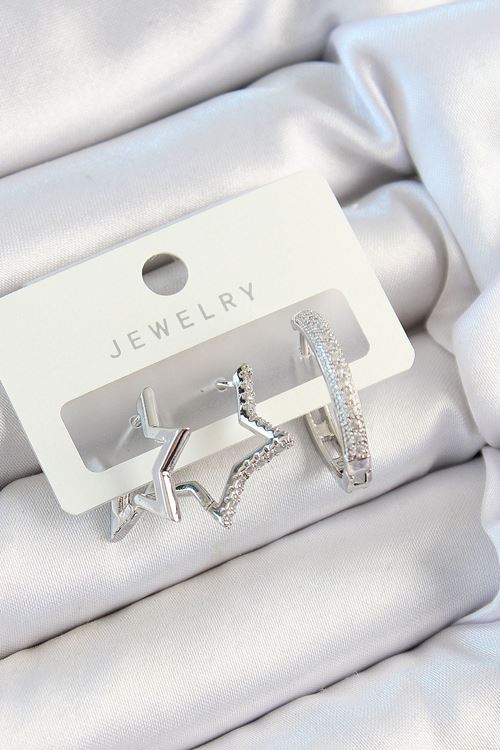 Pirinç Zirkon Taşlı Yıldız Ve Halka Model Gümüş Renk 3'lü Çift Kadın Küpe Set