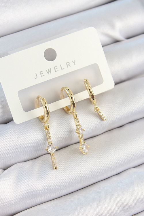 Pirinç Zirkon Taşlı Sallantılı Model Gold Renk 3'lü Çift Kadın Küpe Set
