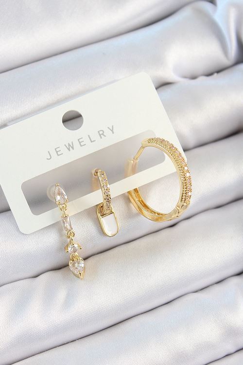 Pirinç Zirkon Taşlı Sallantılı Model Gold Renk 3'lü Çift Kadın Küpe Set