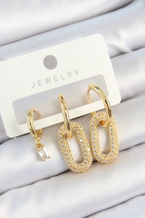 Pirinç Zirkon Taşlı Dikdörtgen Model Gold Renk 3'lü Çift Kadın Küpe Set
