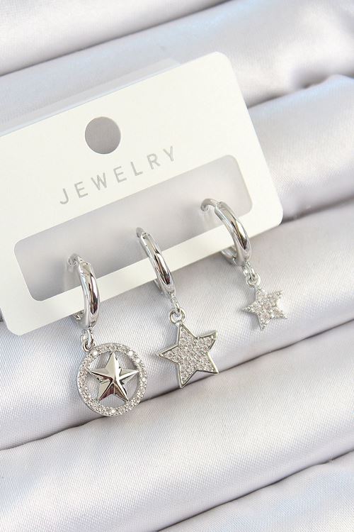 Pirinç Zirkon Taşlı Yıldız Model Gümüş Renk 3'lü Çift Kadın Küpe Set