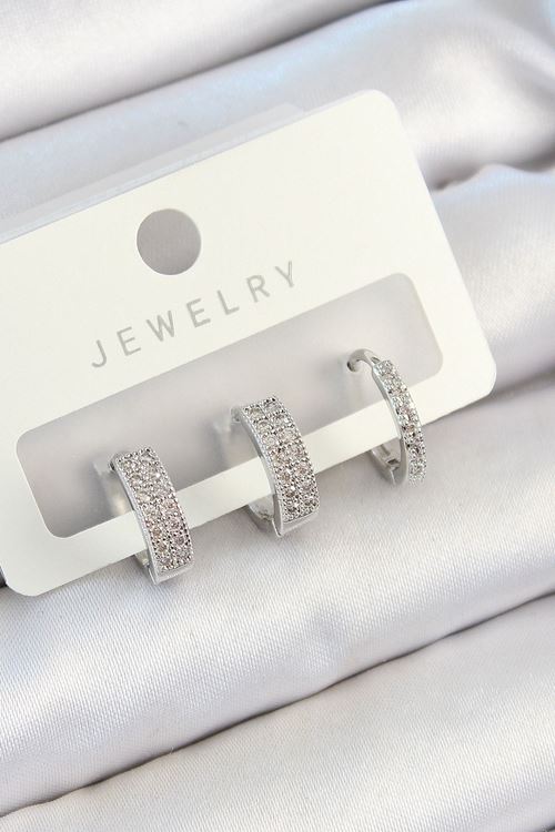 Pirinç Zirkon Taşlı Halka Model Gümüş Renk 3'lü Çift Kadın Küpe Set