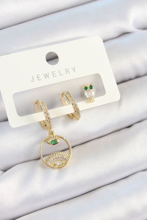 Pirinç Zirkon Taşlı Göz Ve Baykuş Model Gold Renk 3'lü Çift Kadın Küpe Set