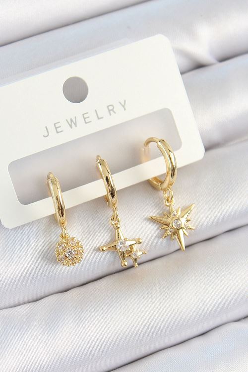 Pirinç Zirkon Taşlı Yıldız Model Gold Renk 3'lü Çift Kadın Küpe Set