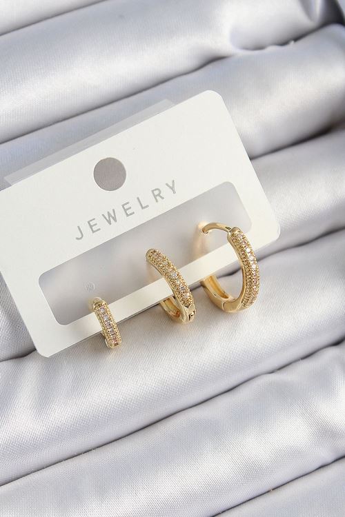 Pirinç Zirkon Taşlı Halka Model Gold Renk 3'lü Çift Kadın Küpe Set