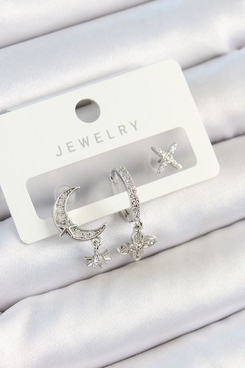 Pirinç Zirkon Taşlı Çiçek Ve Ay Model Gümüş Renk 3'lü Çift Kadın Küpe Set