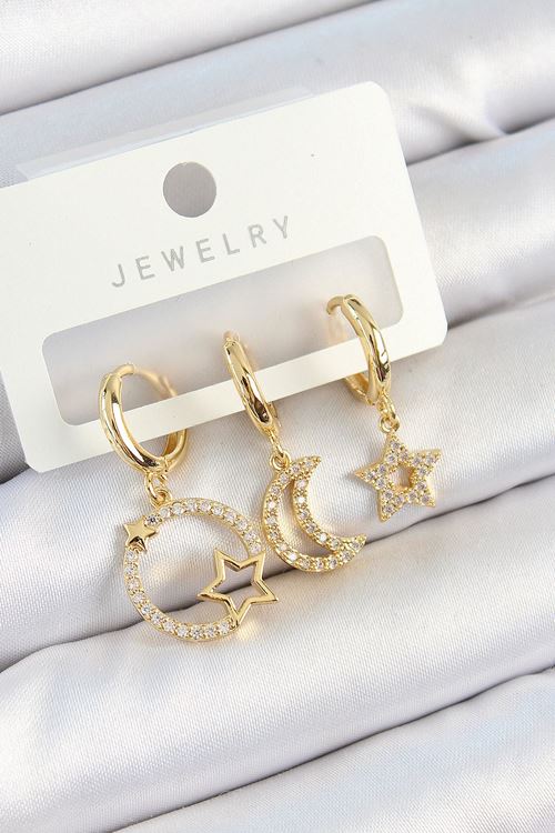 Pirinç Zirkon Taşlı Yıldız Ve Ay Model Gold Renk 3'lü Kadın Küpe Set