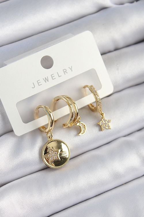 Pirinç Zirkon Taşlı Yıldız Ve Ay Model Gold Renk 3'lü Çift Kadın Küpe Set
