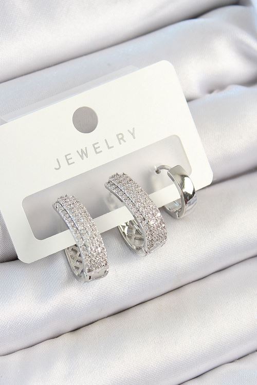 Pirinç Zirkon Taşlı Damla Model Gümüş Renk 3'lü Çift Kadın Küpe Set