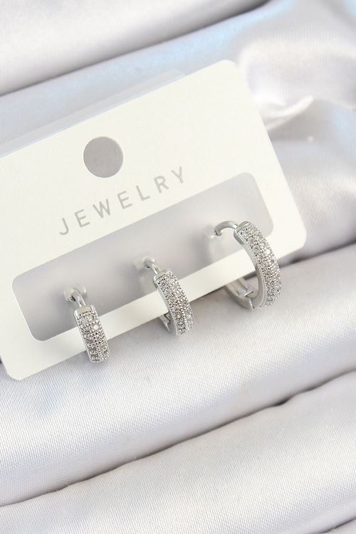 Pirinç Zirkon Taşlı Halka Model Gümüş Renk 3'lü Çift Kadın Küpe Set