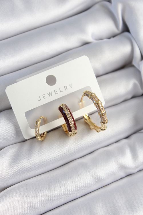 Pirinç Zirkon Taşlı Bordo Halka Model Gold Renk 3'lü Çift Kadın Küpe Set