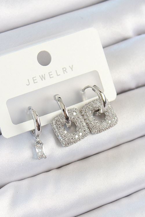 Pirinç Zirkon Taşlı Kare Model Gümüş Renk 3'lü Çift Kadın Küpe Set