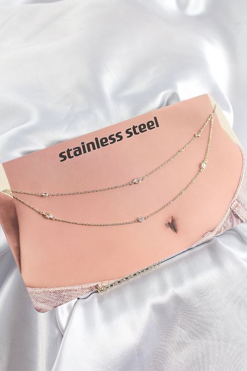 316L Çelik Zirkon Taşlı Damla Model Gold Renk Göbek Bel Zinciri