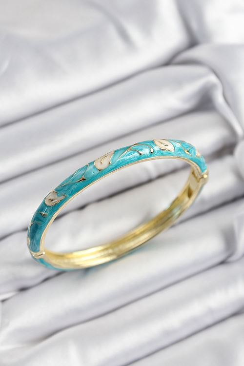 Mineli Pirinç Krem Ve Turkuaz Yaprak Motifli Gold Renk Kadın Kelepçe