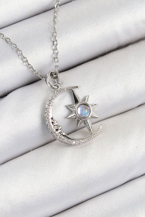 316L Çelik Zirkon Taşlı Kutup Yıldızlı Hilal Model Gümüş Renk Kadın Kolye