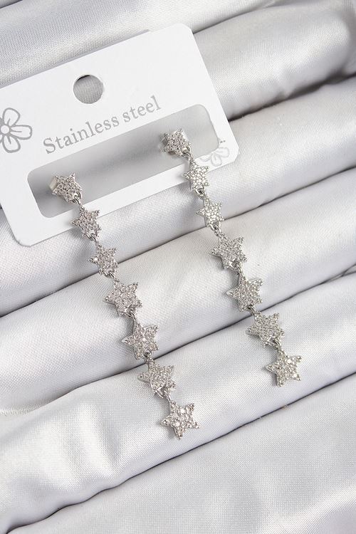 Pirinç Zirkon Taşlı Sallantılı Yıldız Model Gümüş Renk Kadın Küpe