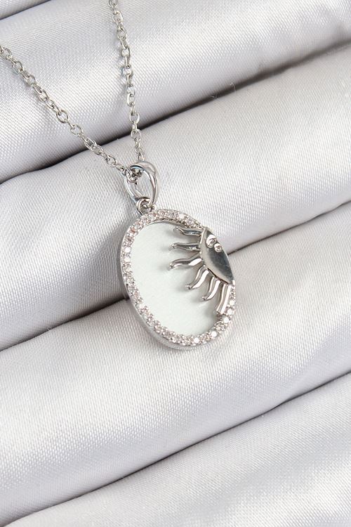 316L Çelik Zirkon Taşlı Yarım Güneş Model Gümüş Renk Kadın Kolye