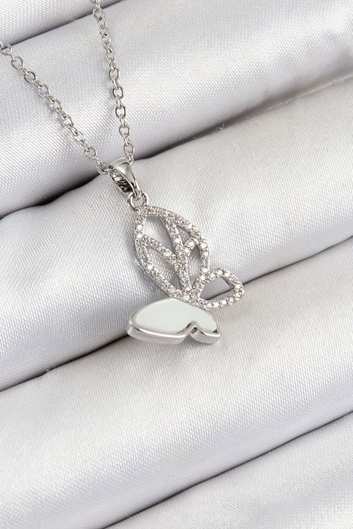 316L Çelik Zirkon Taşlı Kelebek Model Gümüş Renk Kadın Kolye