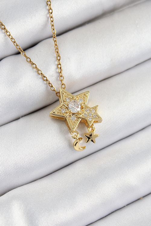 316L Çelik Zirkon Taşlı Sallantılı Yıldız Model Gold Renk Kadın Kolye