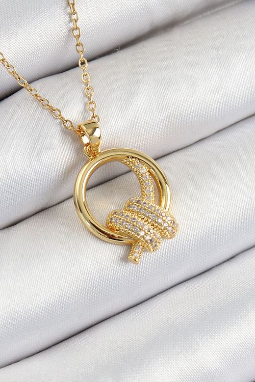 316L Çelik Zirkon Taşlı Düğüm Model Gold Renk Kadın Kolye
