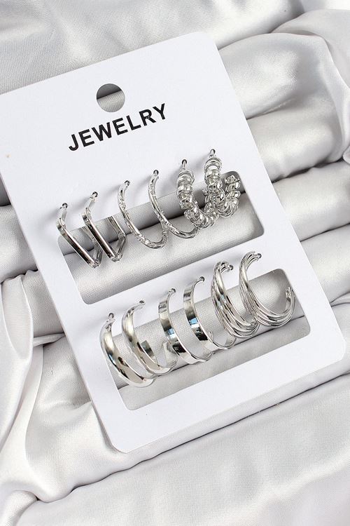Pirinç Karışık Halka Model Gümüş Renk 6 Çift Kadın Küpe Set