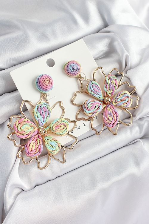 Pirinç Rainbow Çiçek Model Gold Renk Kadın Hasır Küpe