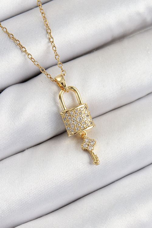 316L Çelik Zirkon Taşlı Kilit Ve Sallantılı Anahtar Model Gold Renk Kadın Kolye