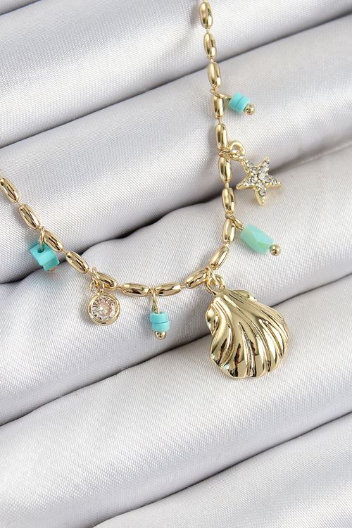 Pirinç Zirkon Taşlı Deniz Kabuğu Model Gold Renk Kadın Kolye