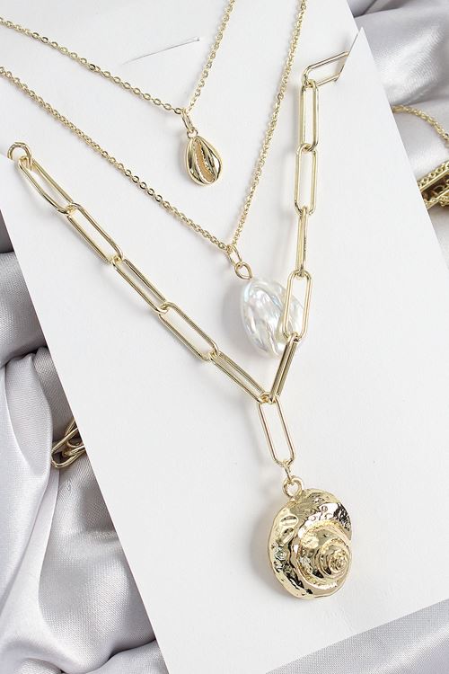 Pirinç Çoklu Zincirli İncili Deniz Kabuğu Model Gold Renk Kadın Kolye