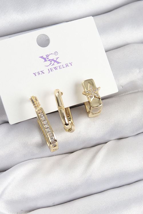 Pirinç Zİrkon Taşlı Yıldız Model Gold Renk 3'lü Kadın Küpe