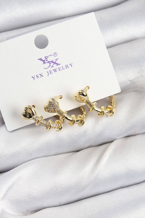 Pirinç Zİrkon Taşlı Kalp Model Gold Renk 3'lü Kadın Küpe