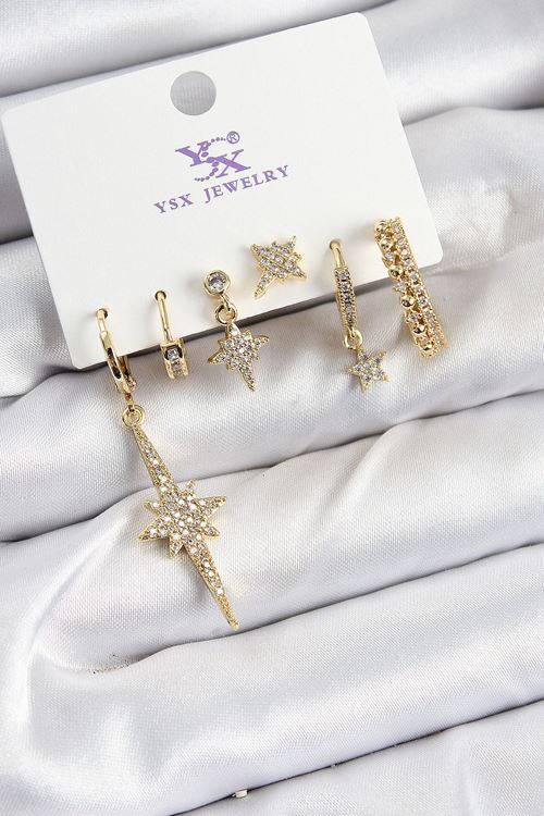 Pirinç Zİrkon Taşlı Kutup Yıldızı Model Gold Renk 3'lü Çift Kadın Küpe