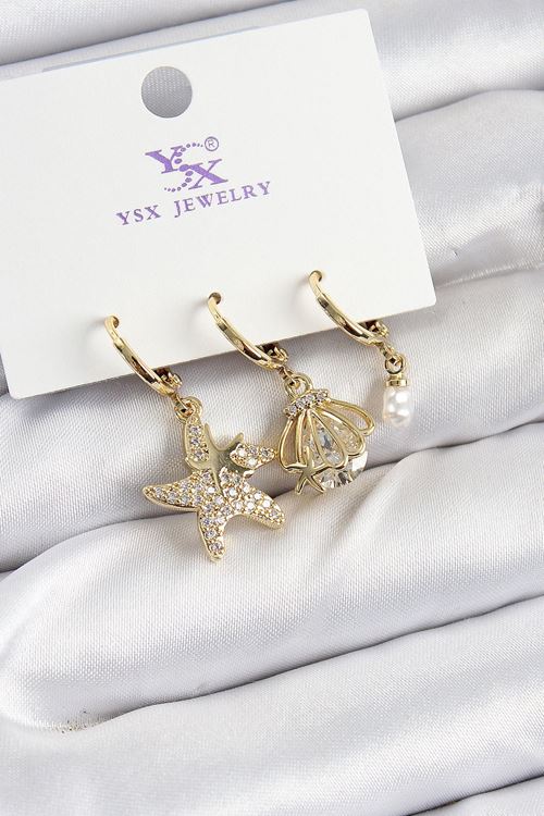 Pirinç Zİrkon Taşlı Deniz Yıldızı Ve İstiridye Model Gold Renk 3'lü Kadın Küpe