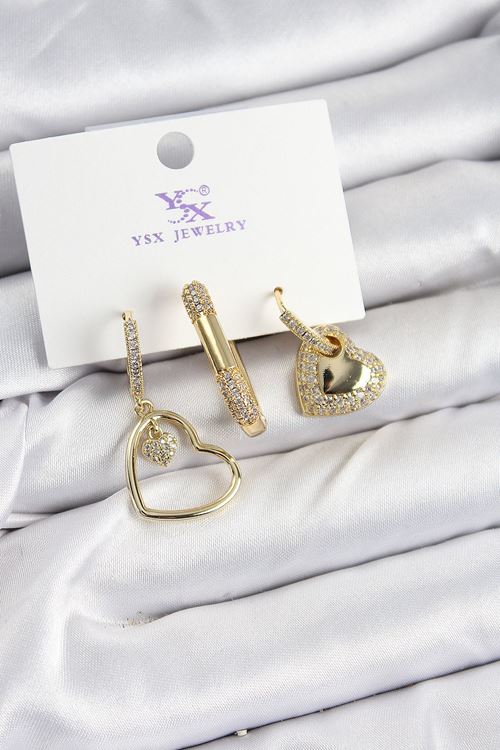 Pirinç Zİrkon Taşlı Kalp Model Gold Renk 3'lü Kadın Küpe