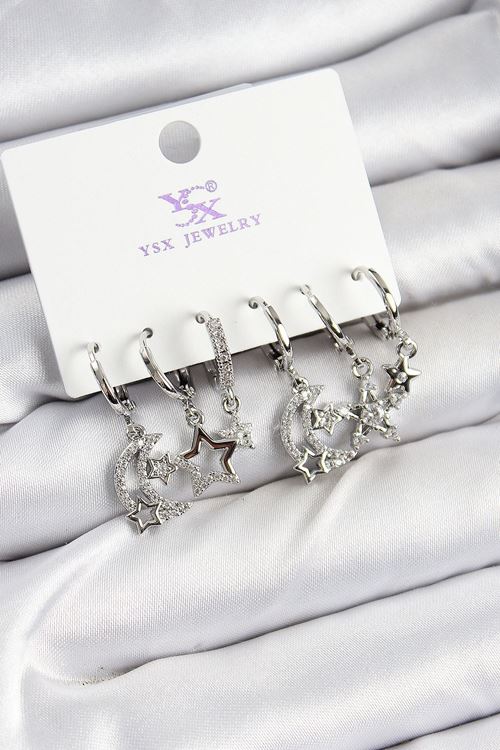 Pirinç Zİrkon Taşlı Ay ve Yıldız Model Gümüş Renk 3'lü Çift Kadın Küpe